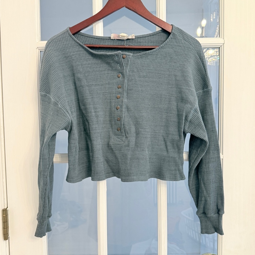 Free People Slate Blue Waffle Knit Henley Long Sleeve Tee
